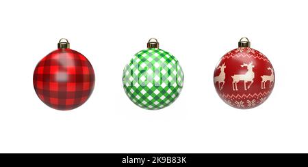 Superbes boules colorées à thème de Noël boules sur fond blanc, espace de copie et chemin d'écrêtage. Décoration en verre de Noël réaliste en rendu 3D. Banque D'Images