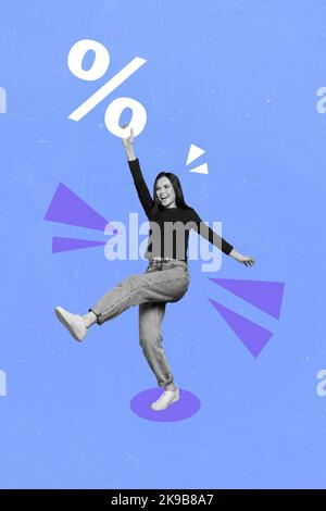 Illustration verticale de collage de fille excitée surjoyée noir blanc gamma célébrer la vente isolée sur fond créatif Banque D'Images