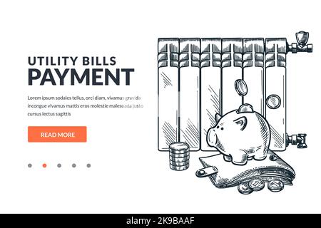 Paiement des factures de services publics et concept d'économie de chauffage. Illustration vectorielle dessinée à la main du radiateur de chaleur, de la banque de porc et du portefeuille avec de l'argent. Doodle des Illustration de Vecteur