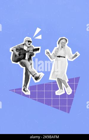 Illustration verticale créative de collage de personnes âgées drôles homme femme dansant jouant de la guitare isolée sur fond bleu Banque D'Images