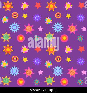 Motif sans couture avec étoiles colorées sur fond violet. Illustration de Vecteur