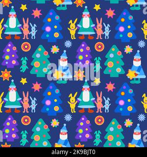 Motif coloré du nouvel an avec arbre de Noël, Père noël, lapin et étoiles. Illustration de Vecteur