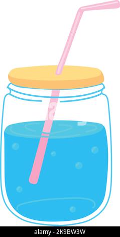 Pot Mason avec de l'eau pure et de la paille. Icône de boisson de dessin animé isolée sur fond blanc Illustration de Vecteur