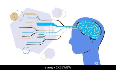 Réseau neuronal du cerveau humain avec IA, concept de vecteur plat Illustration de Vecteur