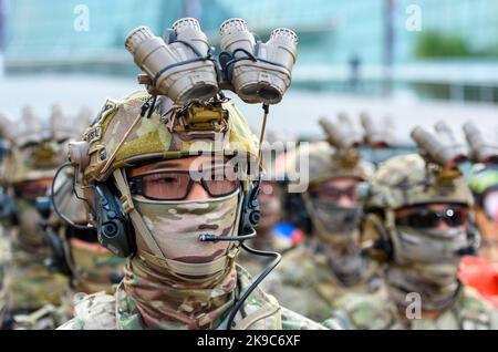 Goyang, Corée du Sud. 27th octobre 2022. Les membres de l'équipe de PHOQUES de la Marine sud-coréenne participent à une formation nationale complète sur la lutte contre le terrorisme. L'exercice s'inscrit dans le contexte des préoccupations internationales concernant le terrorisme, les catastrophes naturelles et les préoccupations concernant la Corée du Nord.plusieurs organismes gouvernementaux, dont le département de police du pays, la garde côtière, le ministère de la défense, le service des incendies et l'agence de renseignement, ont participé à l'exercice. Crédit : SOPA Images Limited/Alamy Live News Banque D'Images