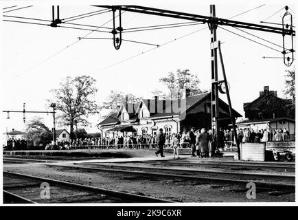 Gare de Billesholm depuis l'arrivée du dernier train à Billesholm et le dernier départ du train depuis Billesholm sur 29 mai 1960. Le nom était 1943 la mine de Billesholm. La gare construite en 1875 par Lion, chemins de fer de Landskrona - Engelholm. La station construite en 1876. Maison de station d'un étage en pierre. Banque D'Images