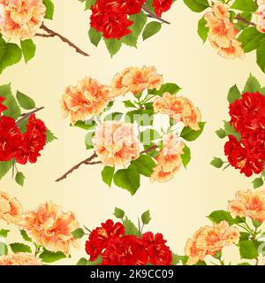 Texture sans couture branche rouge et jaune hibiscus fleurs tropicales vintage vecteur botanique illustration main dessiner Illustration de Vecteur