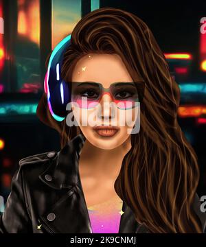 Portrait réaliste d'une jeune fille de science-fiction cyberpunk sur le fond d'une ville nocturne. Illustration de haute qualité Banque D'Images