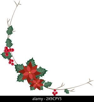 Couronne de Noël avec poinsettia et baies rouges. Décoration de Noël, bon pour l'invitation, carte de voeux, décor de votre maison ou plus. Vecteur il Illustration de Vecteur