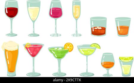 Boissons alcoolisées. Bar boissons cocktails alcoolisés, verre de vin et bière de pinte. Rhum et téquila, whisky avec vecteur de glace jeu d'illustrations Illustration de Vecteur
