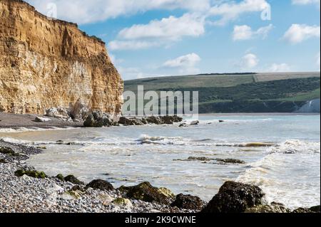 Vues sur la plage de Hope Gap près de Cuckmere Haven situé entre Seaford et Eastbourne dans East Sussex, côte sud britannique Banque D'Images