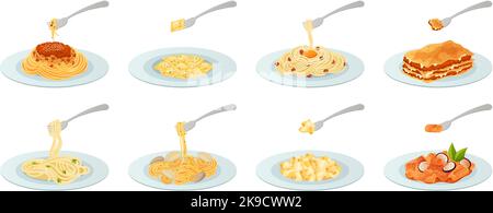 Plats de pâtes caricatures. Carbonara avec oeuf, bolognaise et lasagnes sur la fourchette. Repas de macaroni italien fait maison avec sauce, kit d'illustration de vecteur alimentaire Illustration de Vecteur