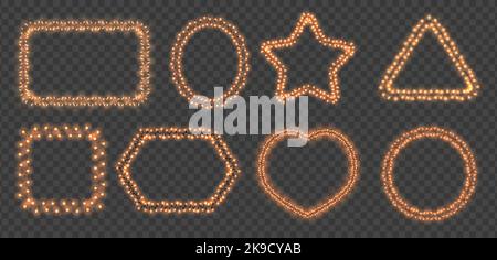 Cadres de feux Garland. Guirlande de Noël décorative bordure lumineuse, différentes formes pour Noël carte de voeux conception vecteur isolé ensemble Illustration de Vecteur