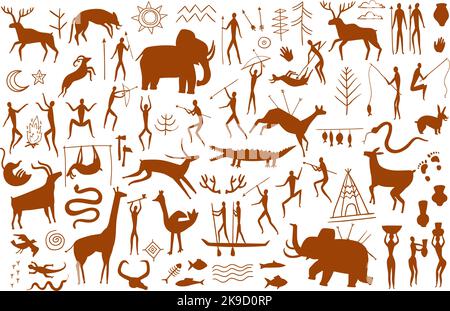 Peinture de roche. Scènes de la vie de Caveman, dessins de cavernes de chasseur préhistoriques et silhouettes d'animaux sauvages anciens. Jeu de vecteurs art âge pierre Illustration de Vecteur