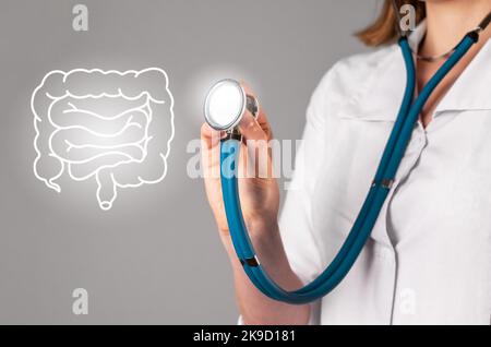 Médecin et intestin, organe intérieur. Système gastro-intestinal, santé des entrailles, goys. Concept de gastroentérologie. Photo de haute qualité Banque D'Images