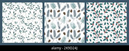 Motif branches de Noël. Branches de houx et de GUI avec baies, pin avec cônes de fond vectoriel sans couture ensemble Illustration de Vecteur