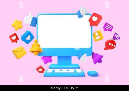 Social media computer screen mockup. Monitor, pc keyboard and mouse with 3D likes and messages icons vector Illustration Illustration de Vecteur
