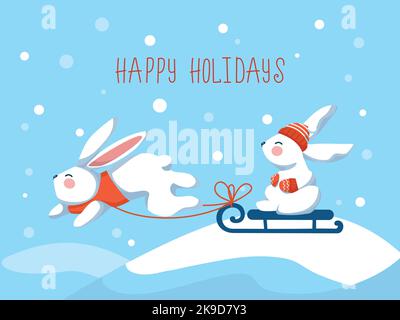 Carte postale à motif lapin blanc en traîneau sur paysage d'hiver Illustration de Vecteur