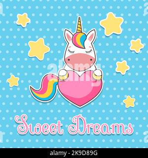 Carte postale Sweet Dreams. Licorne et cœur. Palette pastel. Joli vecteur plat simple. Illustration de Vecteur