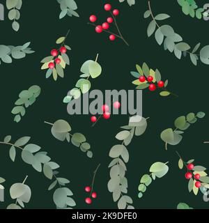 Motif sans couture avec différentes branches d'eucalyptus, baies rouges.Joyeux Noël illustration de verdure, feuillage et feuilles naturelles. Banque D'Images