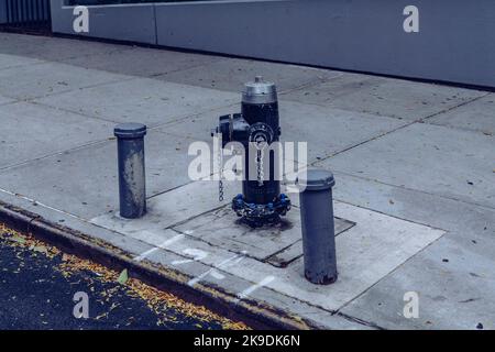 Borne d'incendie classique noire de style américain vue installée sur un trottoir de New York. Banque D'Images