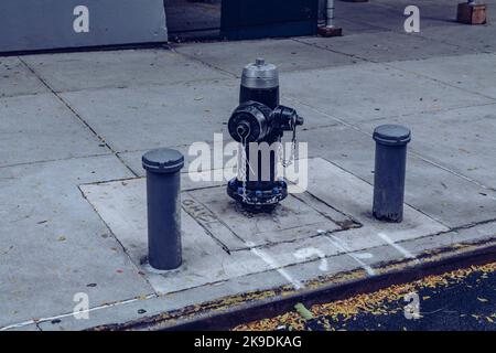 Borne d'incendie classique noire de style américain vue installée sur un trottoir de New York. Banque D'Images