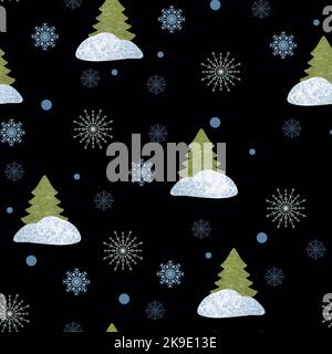 Motif de Noël sans coutures. Sapins texturés dessinés à la main, flocons de neige et dérives sur fond noir. Banque D'Images