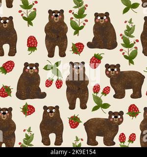 Motif sans couture avec ours en peluche texturé et brunches à la framboise isolés. Ensemble d'animaux amusants dans différentes poses sur fond beige clair. Banque D'Images