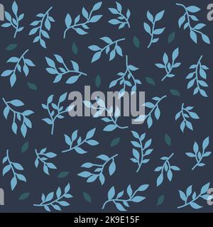 Motif sans couture avec feuilles et branches isolées. Feuillage bleu clair et foncé sur fond bleu. Banque D'Images