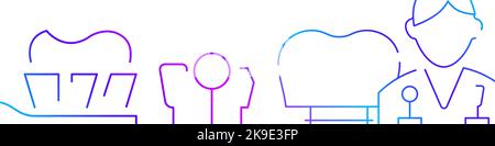 Dentisterie, bannière horizontale liée aux soins dentaires ou arrière-plan du modèle de bordure inférieure. Illustration de ligne de dégradé plate isolée sur blanc. Banque D'Images