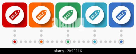 Solde, icônes vectorielles de magasin, modèle d'infographie, jeu de symboles de conception plate dans 5 coloris Illustration de Vecteur