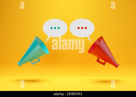 Argumentation, litige, opposition ou discussion entre des opinions ou des idées différentes. Deux mégaphones opposés l'un à l'autre avec des bulles de parole de trois d. Banque D'Images