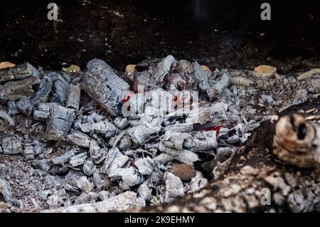 Charbon de bois couvant dans un barbecue. Morceaux épars d'émbres dans le foyer mélangés à de la cendre. Cendres après pour préparer les aliments à l'extérieur Banque D'Images
