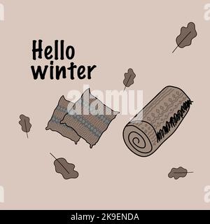 Bonjour l'hiver. Feuilles d'oreillers confortables en tissu écossais Illustration de Vecteur