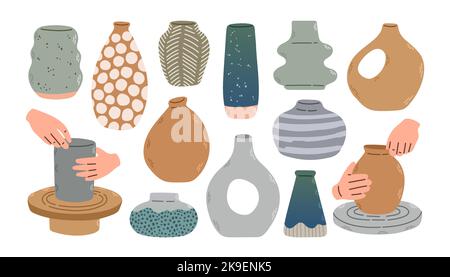 Divers vases en céramique. Différentes formes. Atelier de poterie, roue de poterie. Jeu de vecteurs dessinés à la main. Illustration tendance. Illustration de Vecteur