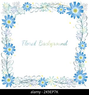 Cadre floral bleu carré aquarelle avec espace de texte isolé sur fond blanc, illustration vectorielle. Illustration de Vecteur