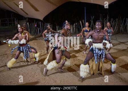 Le spectacle de chant et de danse de Shangaan pour les touristes séjournant à Hippo Hollow dans la province de Mpumalanga Banque D'Images