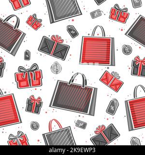 Motif Vector Black Friday sans couture, fond carré répétitif avec illustrations de sacs en papier rouges, boîtes-cadeaux et étiquettes de prix décoratives sur fond blanc Illustration de Vecteur