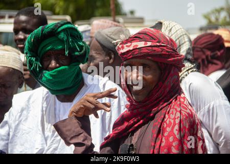 Tribus africaines, Nigeria, État de Borno, ville de Maiduguri. Tribu des Fulani traditionnellement habillée de vêtements tribaux et religieux colorés Banque D'Images