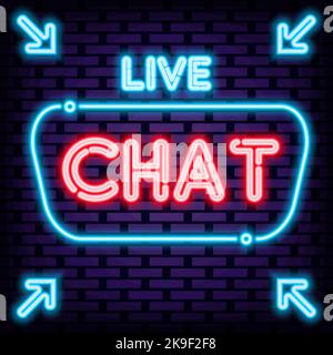 Panneaux de signalisation Neon Chat en direct. Sur fond de mur de briques. Bannière lumineuse. Illustration de Vecteur