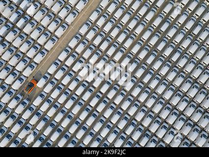 YANTAI, CHINE - 28 OCTOBRE 2022 - la photo aérienne montre un grand nombre de véhicules d'exportation de marchandises assemblés pour le chargement au port de Yantai à Yantai, Shan Banque D'Images