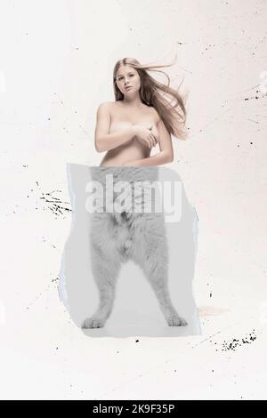 Design créatif. Collage d'art contemporain. Belle jeune femme avec les jambes de chat Banque D'Images