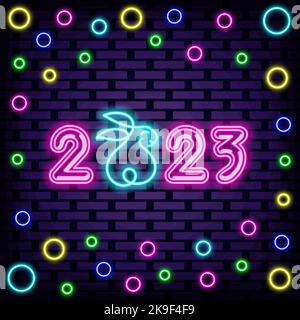 2023 vecteur de signe « bonne année » et « bon Noël ». Lumière vive au néon colorée. Art. Léger Illustration de Vecteur