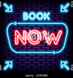 Réservez maintenant devis Neon. Lumière vive au néon colorée. Panneau d'annonce au néon. Illustration de Vecteur