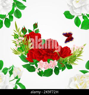 Texture sans couture blanc et rouge Roses et papillon vintage fond de fête vecteur illustration modifiable main dessiner Illustration de Vecteur