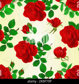 Texture sans couture roses rouges avec bourgeons et feuilles vintage fétive fond vecteur illustration modifiable main dessiner Illustration de Vecteur