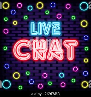 Panneau Neon Chat en direct. Sur fond de mur de briques. Texte néon. Illustration de Vecteur