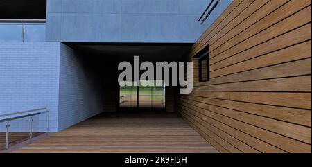 Porte battante en verre sur la terrasse d'une maison moderne exclusive. Il y a du parquet au sol. Les murs sont finis avec béton et la façade bo Banque D'Images