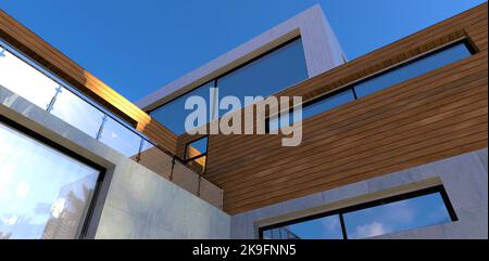 Un sunbeam se reflète sur la surface en bois du mur d'une maison minimaliste nouvellement construite. Rambarde en béton et en verre. 3d rendu. Banque D'Images
