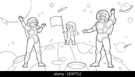 Coloriage Book.Une famille heureuse d'astronautes, maman, papa, fils a mis un drapeau sur la planète dans l'espace et en agitant leurs mains en salutation.Vector noir et blanc Illustration de Vecteur